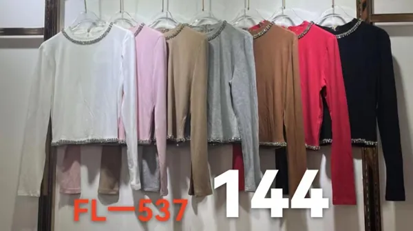 Blusa de manga larga con cuello y dobladillo adornado-FL537