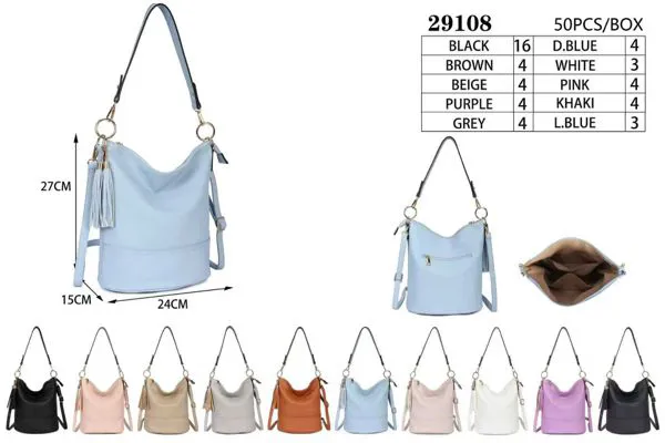 Bolsa de hombro tipo cubeta con borla