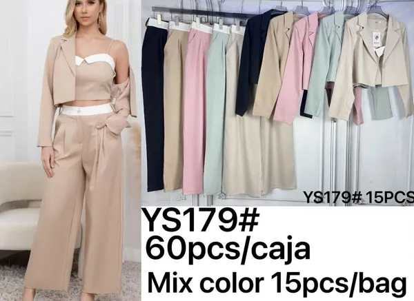 Conjunto crop top con blazer y pantalones palazzo-YS179