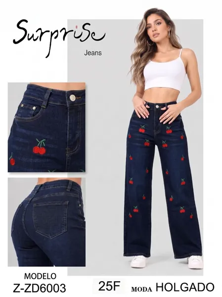 Jeans anchos con bordado de cerezas