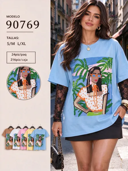 Playera estampada mujer tropical