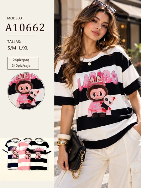 Playera rayas estampado Labubu