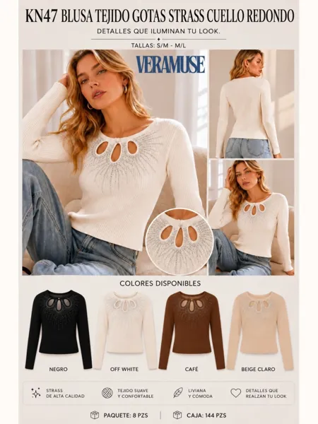 Blusa tejido gotas strass cuello redondo
