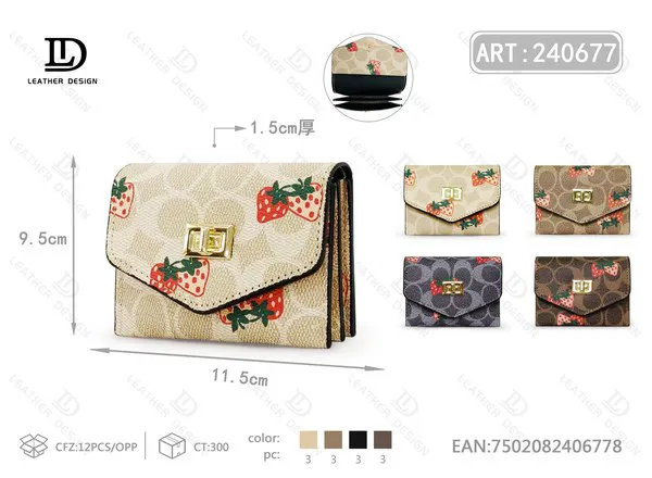 Tarjetero de Mujer Plegable con Estampado de Fresas y Monograma