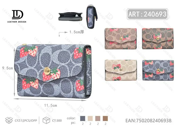 Tarjetero de Mujer Plegable con Estampado de Fresas y Monograma
