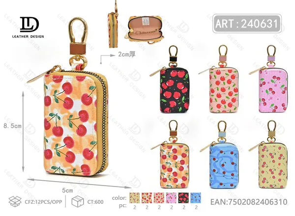 Llavero Monedero Rectangular con Estampado de Cerezas