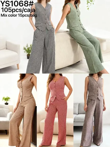 Conjunto de chaleco y pantalón de cuadros para mujer-YS1068