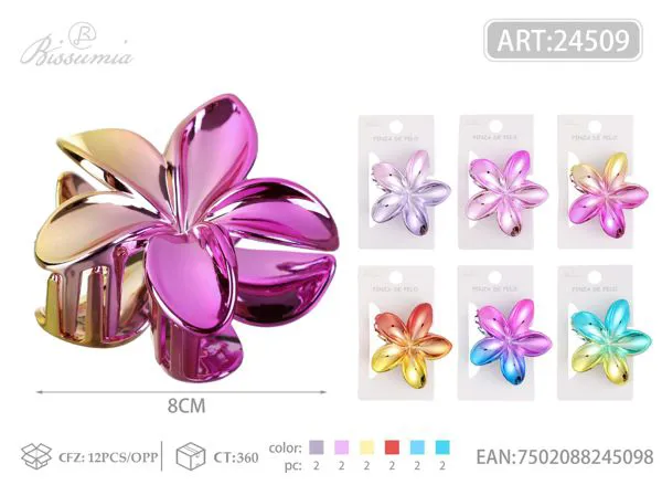 Broche de agarre de flor de hibisco bicolor con baño de oro de 8cm