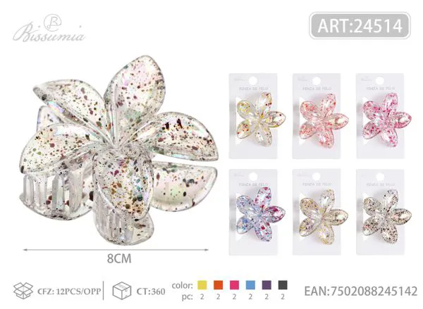 Broche de agarre de flor de hibisco transparente con baño de oro de 8cm