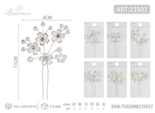 horquillas con flor de perlas y diamantes de imitación