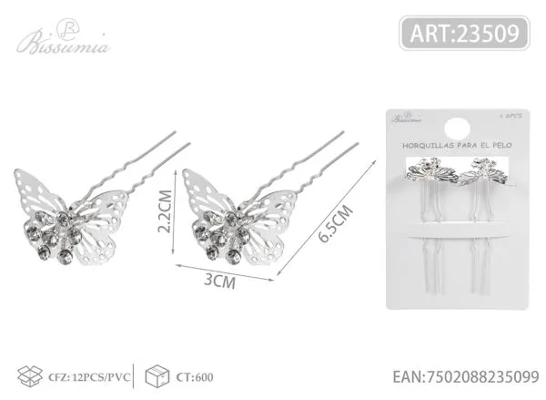 horquillas con mariposa y diamantes de imitación 2pcs/paquete