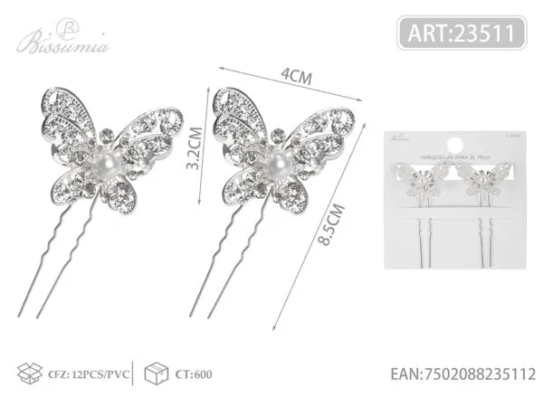 horquillas con mariposa y diamantes de imitación 2pcs/paquete