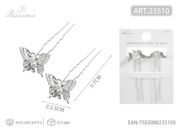 horquillas con mariposa y diamantes de imitación 2pcs/paquete