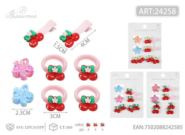 2pcs pinzas de garra + 2pcs pinzas pato + 4pcs gomas para el pelo con cereza juego 8pcs/card