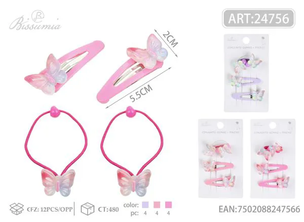 Juego de 2pcs gomas para el pelo con degradado de mariposa + 2pcs pinzas BB 4pcs/card