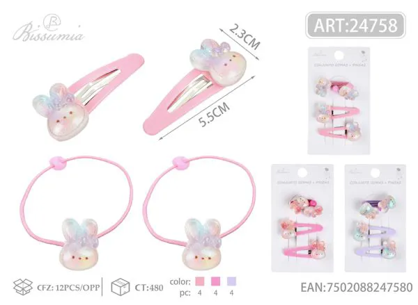 Juego de 2pcs gomas para el pelo con degradado de conejo + 2pcs pinzas BB 4pcs/card