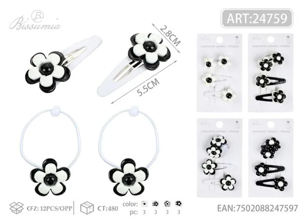 Juego de 2pcs gomas para el pelo de flor + 2pcs pinzas BB 4pcs/card
