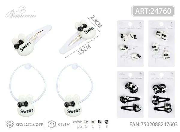 Juego de 2pcs gomas para el pelo de conejo con corazón + 2pcs pinzas BB 4pcs/card