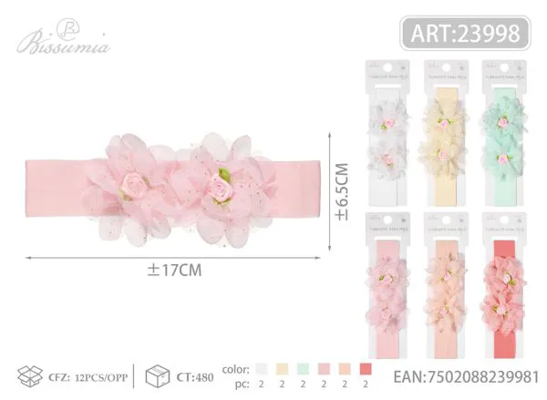 cinta para la cabeza de niña con dos flores con dorado de 3cm