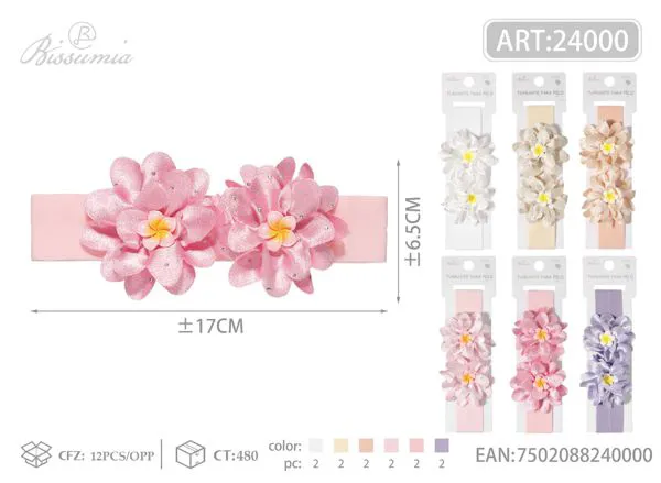 cinta para la cabeza de niña con dos flores de flor de huevo con strass de 3cm
