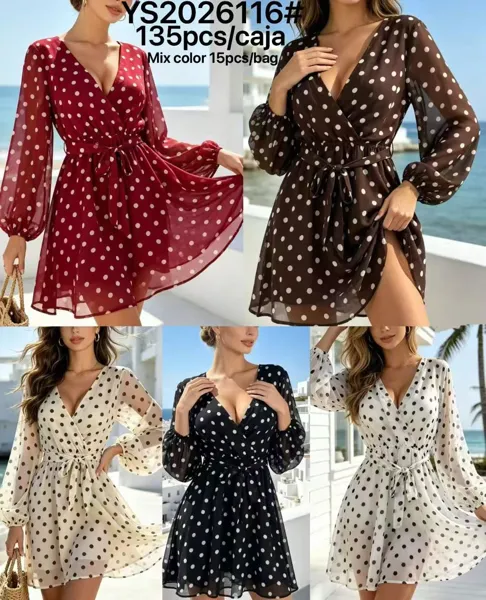 Vestido corto cruzado con estampado de lunares