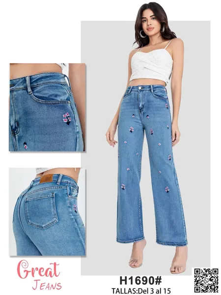 Jeans de pierna ancha con bordado floral