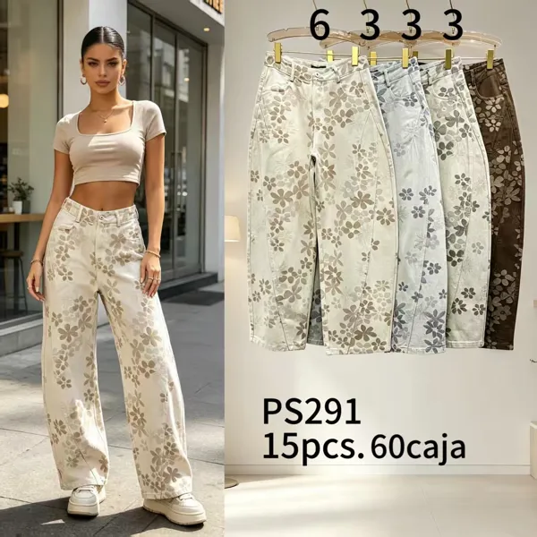 Pantalones de mezclilla de pierna ancha con estampado floral