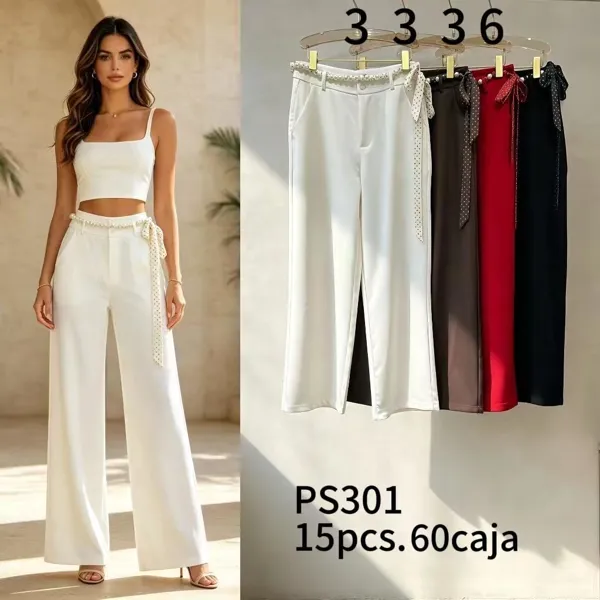 Pantalones de pierna ancha con detalle de perlas y lazo