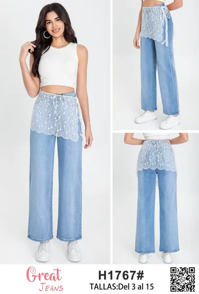 Jeans con falda de encaje superpuesta
