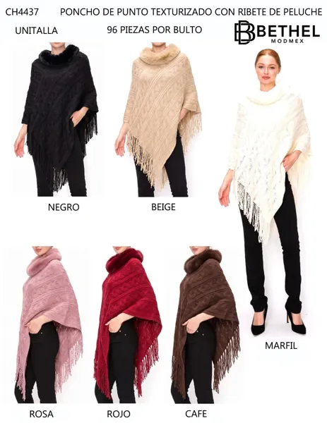 Poncho de punto texturizado con ribete de peluche