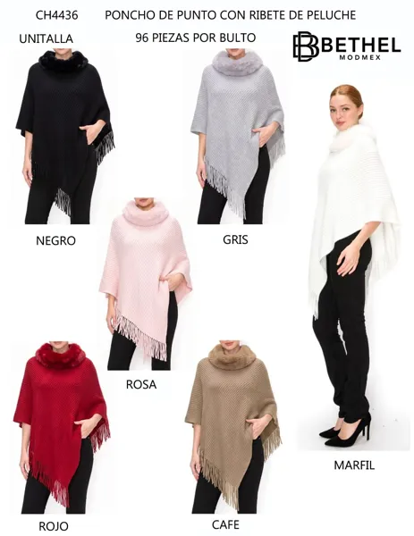 Poncho de punto con ribete de peluche