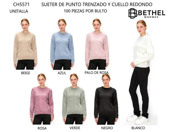 Suéter de punto trenzado y cuello redondo