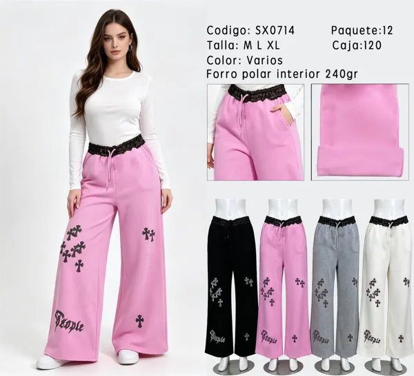 Pantalón de pierna ancha con detalles de encaje y estampado