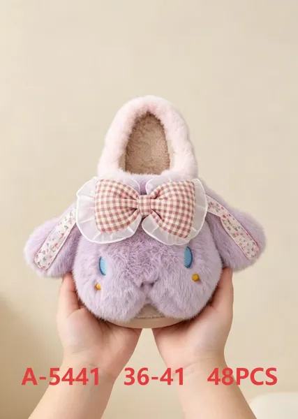 Pantuflas de felpa con diseno de conejo lila para mujer