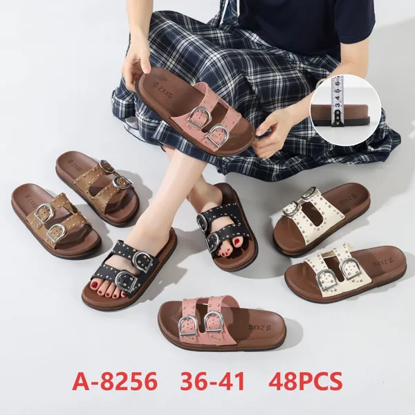 Sandalias planas con tachuelas y dos hebillas para mujer