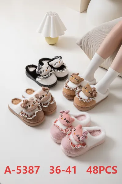 Pantuflas de felpa con gatito y encaje para mujer