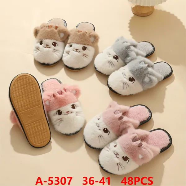 Pantuflas de felpa abiertas con cara de gato para mujer