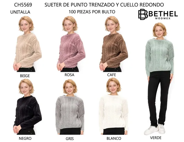 Sueter de punto trenzado y cuello redondo