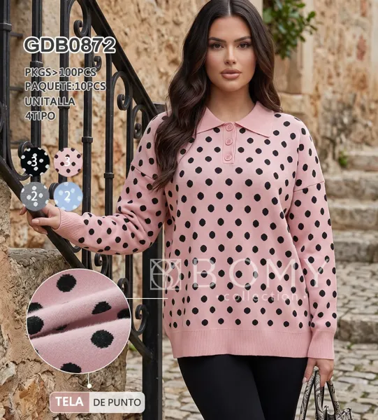 Suéter con cuello tipo polo y estampado de lunares