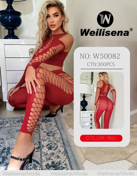 Body de malla sexy rojo de manga larga