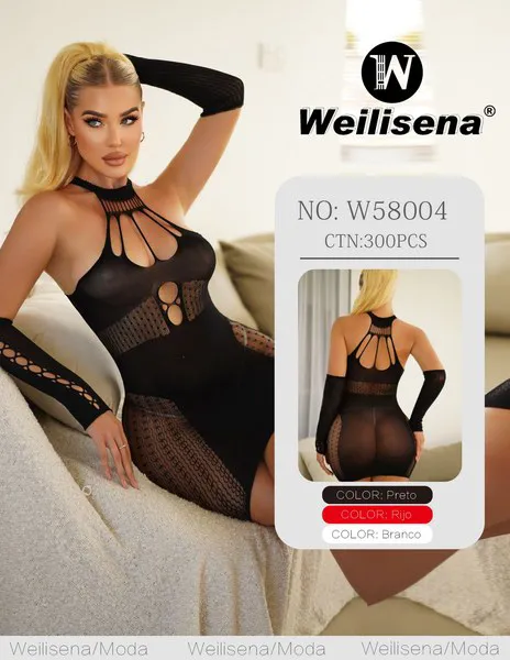 Body de malla sexy con guantes para dama