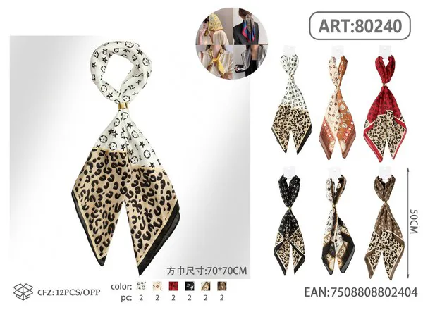 Pañuelo cuadrado de seda 70x70 estampado monograma y leopardo