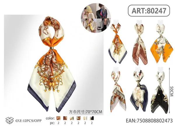 Pañuelo cuadrado de seda 70x70 estampado barroco con cadenas naranja