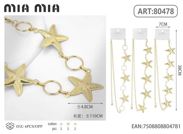 Cinturón de cadena metálica para dama con estrellas de mar doradas