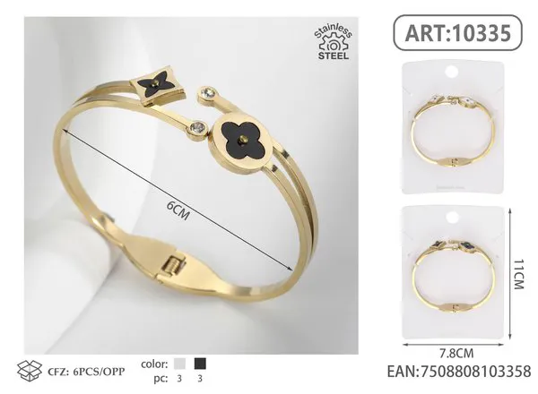 Brazalete de acero inoxidable dorado con trébol negro y cristales