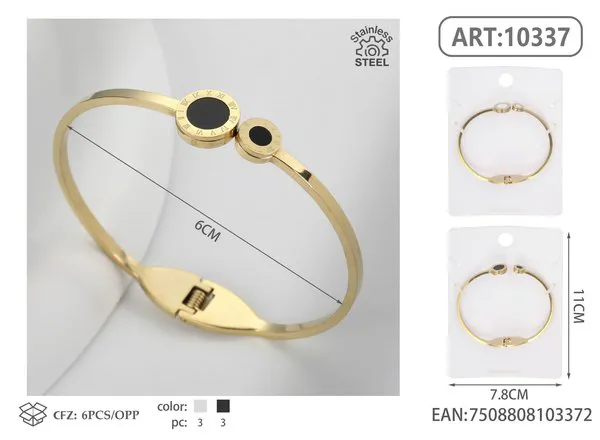 Brazalete de acero inoxidable dorado con números romanos y círculos negros