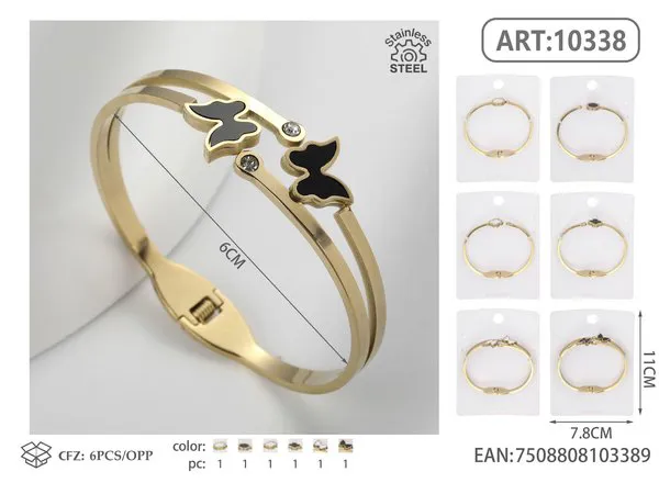 Brazalete de acero inoxidable dorado con mariposas negras y cristales