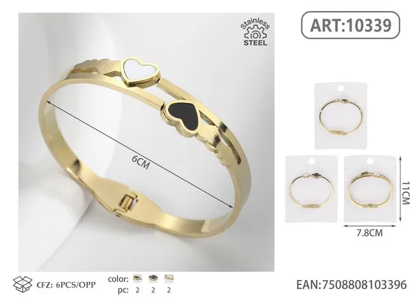 Brazalete de acero inoxidable dorado con corazones blanco y negro