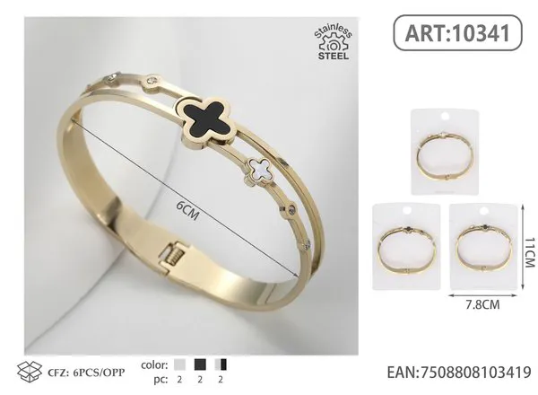 Brazalete de acero inoxidable dorado con dos tréboles y cristales