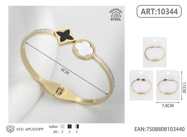 Brazalete de acero inoxidable dorado con tréboles y línea de cristales